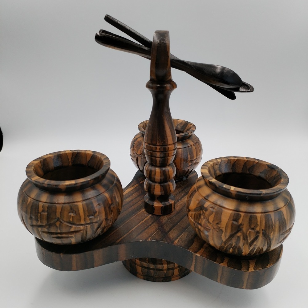 Vintage Hand Carved Tiger Wood Condiment Caddy - 3 Bowls & 3 Spoons Folk Art MCM
